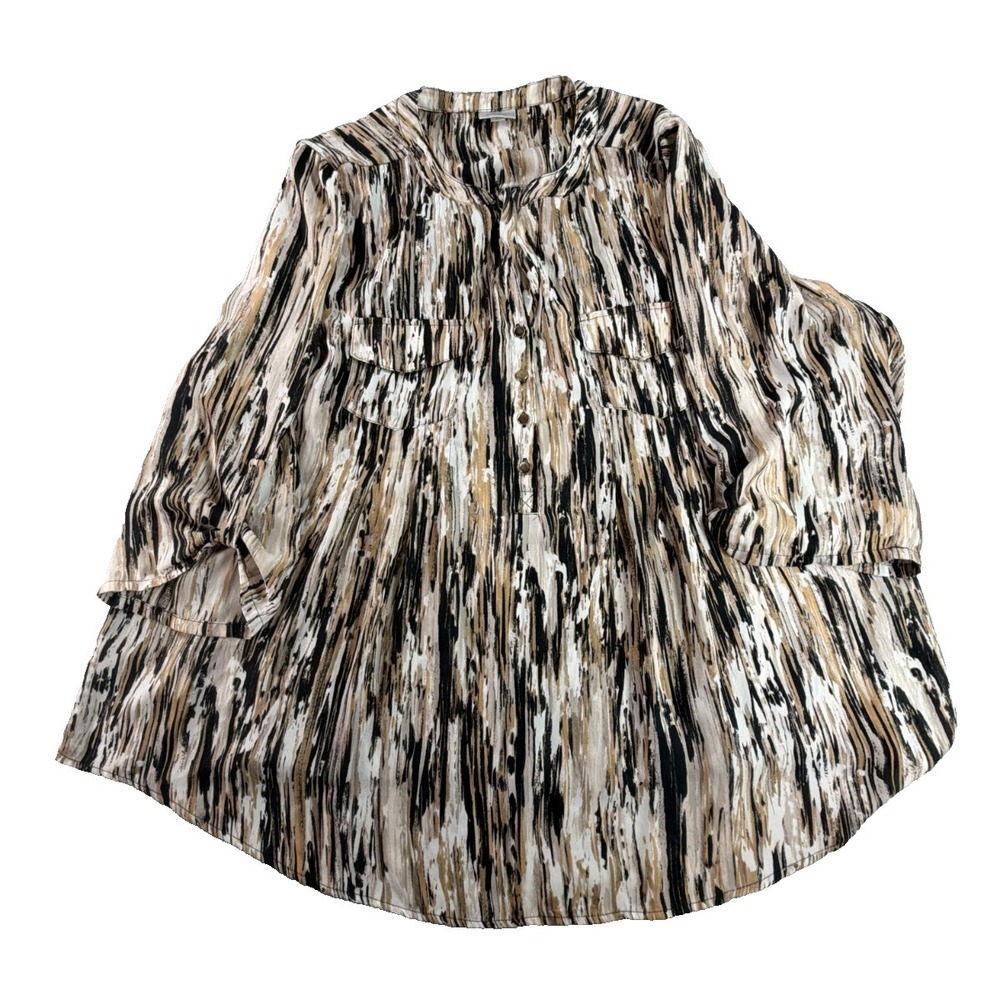 Avenue Women 22/24 Black Tan White Abstract Marble Print Blouse 3/4 Sleeve Top
